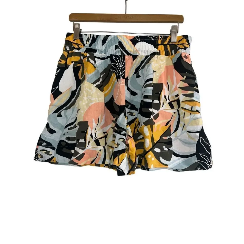 ✨Calia Multicolored Palm High Rise Inverted Pleat Pull On Linen Sz M Shorts✨